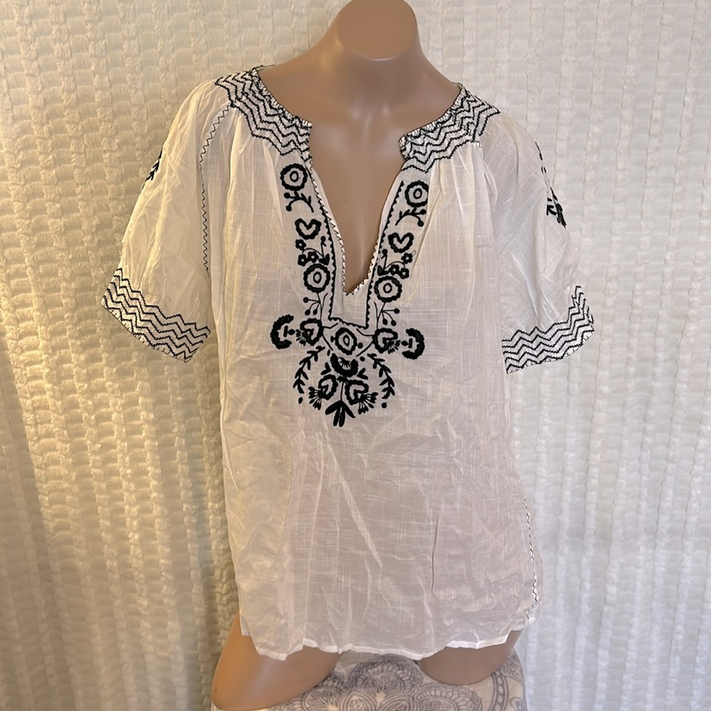 J.Crew Size 12 White/Black 3/4 Cuff Sleeve V/Slit Neck Hippie Blouse NWT
